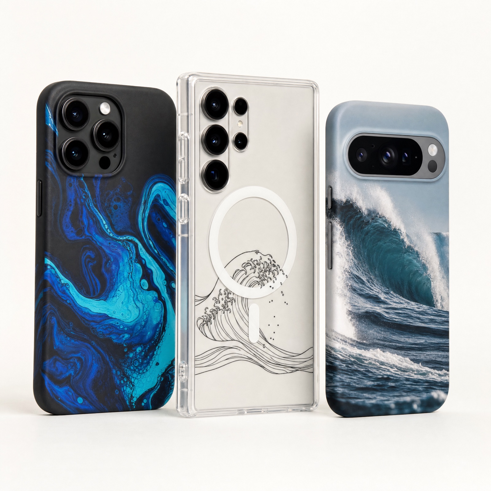 Three custom-printed phone cases on an iPhone, a Samsung Galaxy and a Google Pixel: a black tough case with blue abstract art, a transparent MagSafe case with a wave line drawing, and a snap case with an ocean photograph