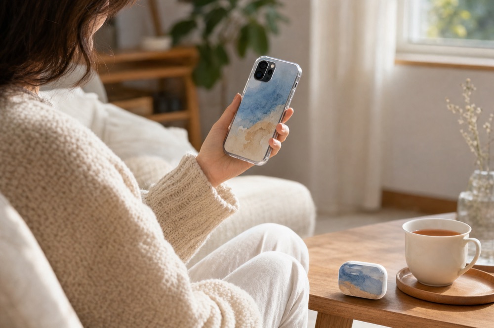 A person on a sofa with a printed phone case and matching earbuds case on the table