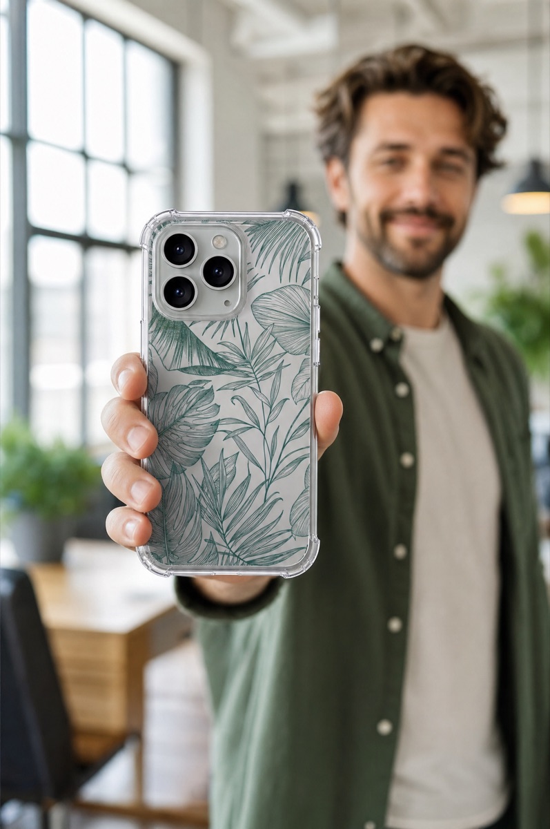 A man in a coworking office holding up his phone in a printed transparent case