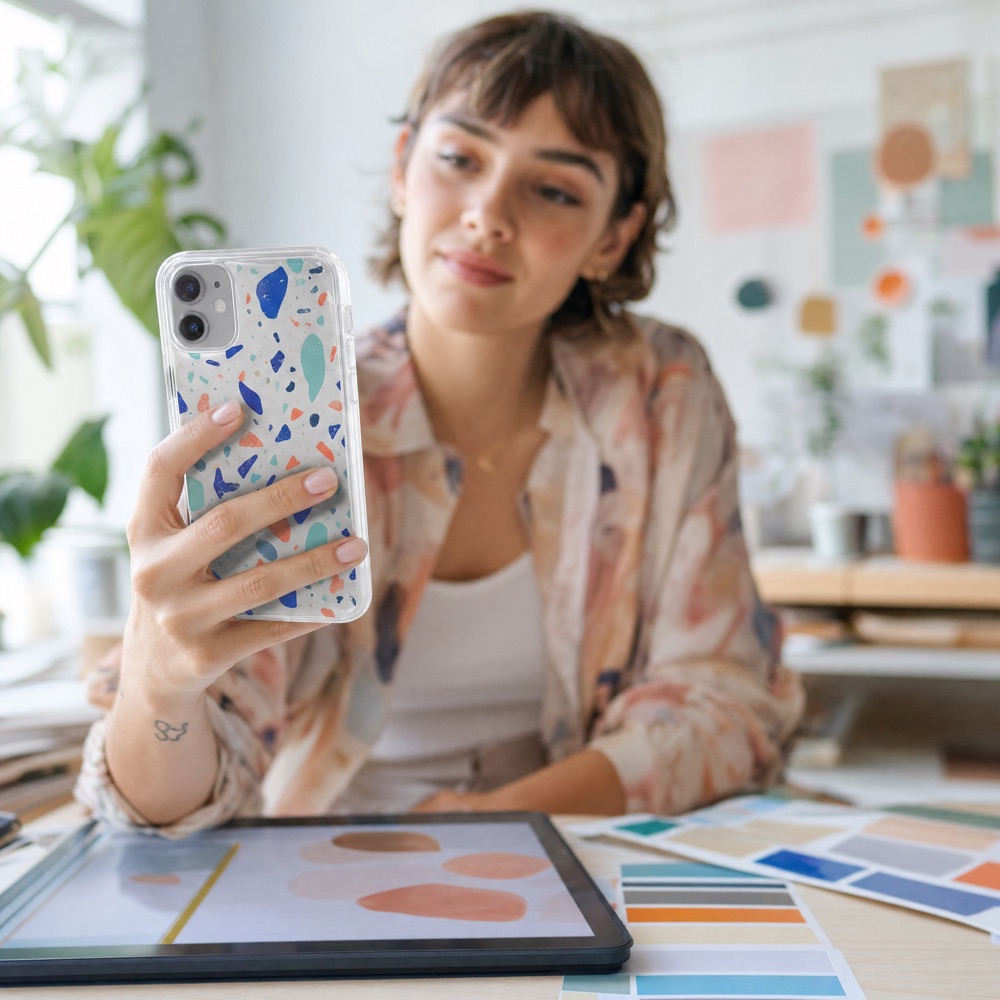 A designer in a studio holding her phone in a terrazzo-printed transparent case