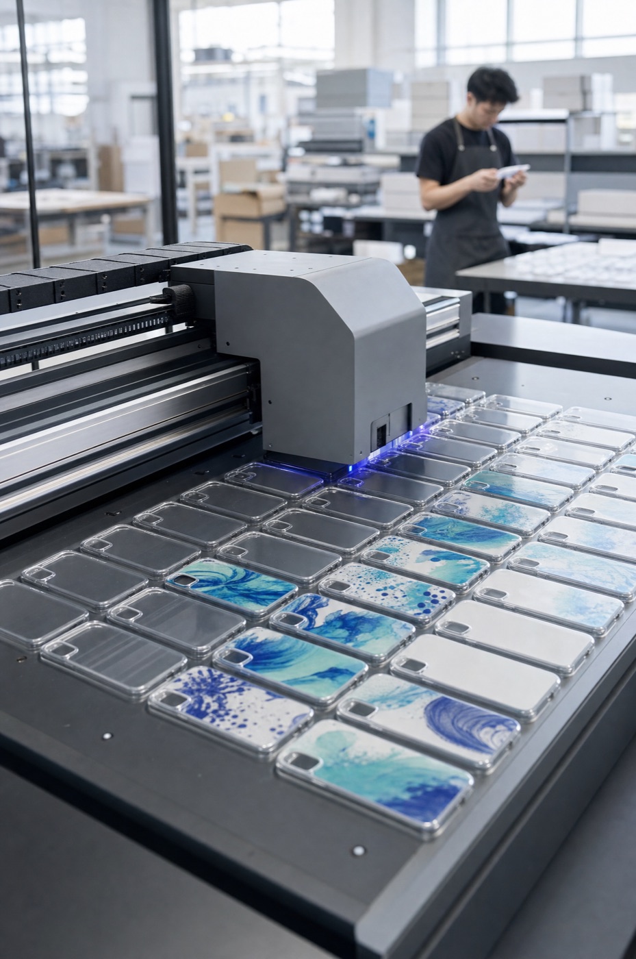 Illustration of a UV flatbed printer loaded with transparent phone cases