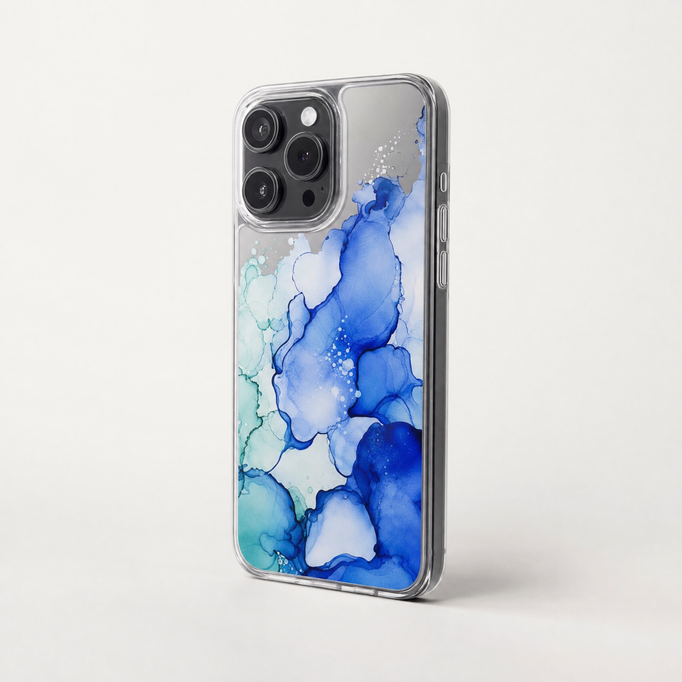 A transparent hybrid case with a blue watercolour print on a phone