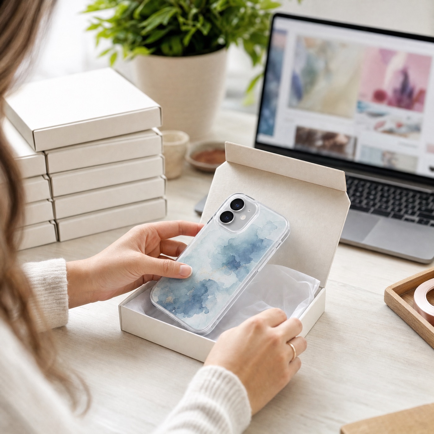A seller packing a phone in a printed transparent case into a mailer box