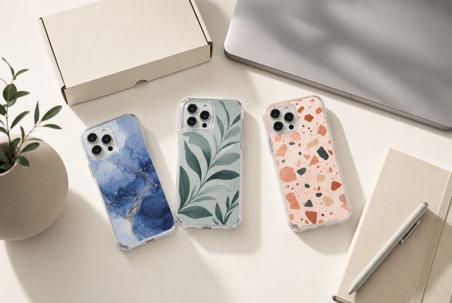 Printed transparent cases beside a laptop and a mailer box