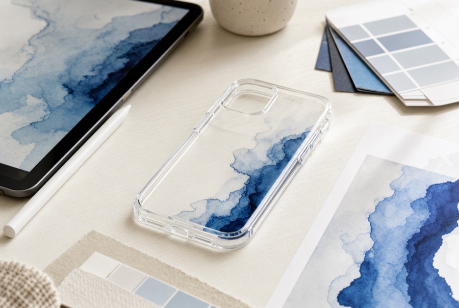 A clear case with a partial watercolour print on a designer desk