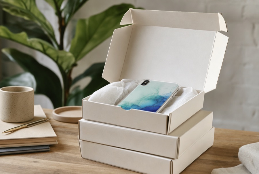 A stack of plain mailer boxes with a printed case in the open one