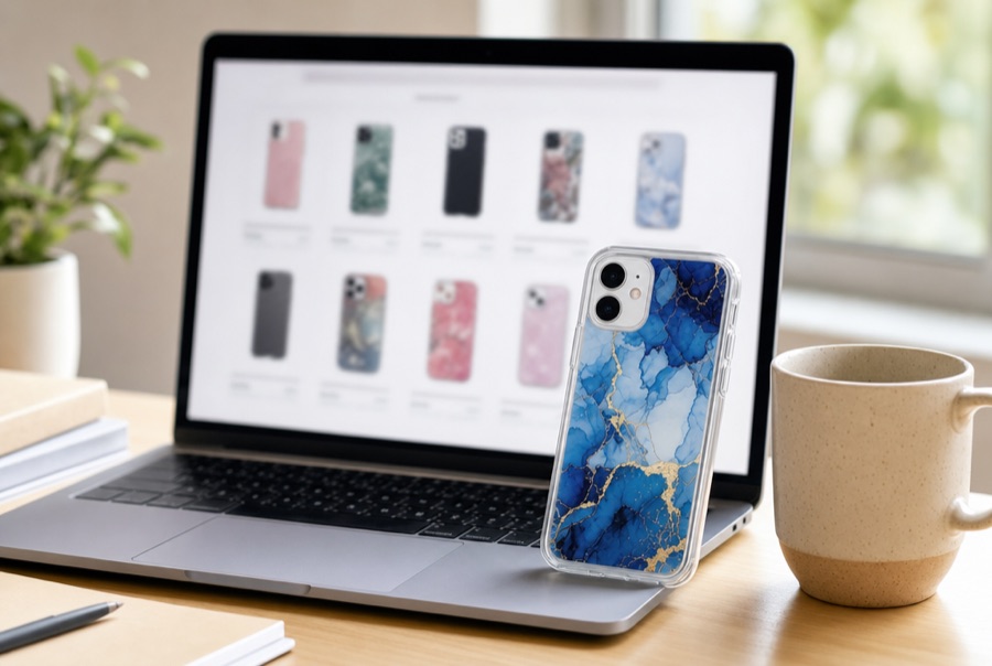 A laptop with a blurred store grid and a printed case in front