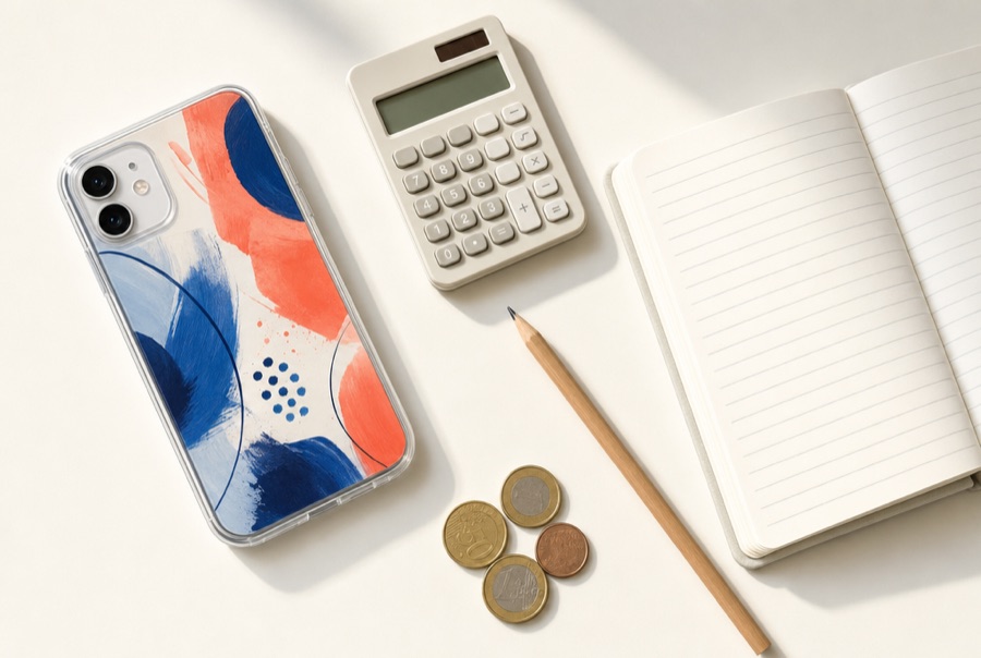 A printed case with a calculator, notebook and coins