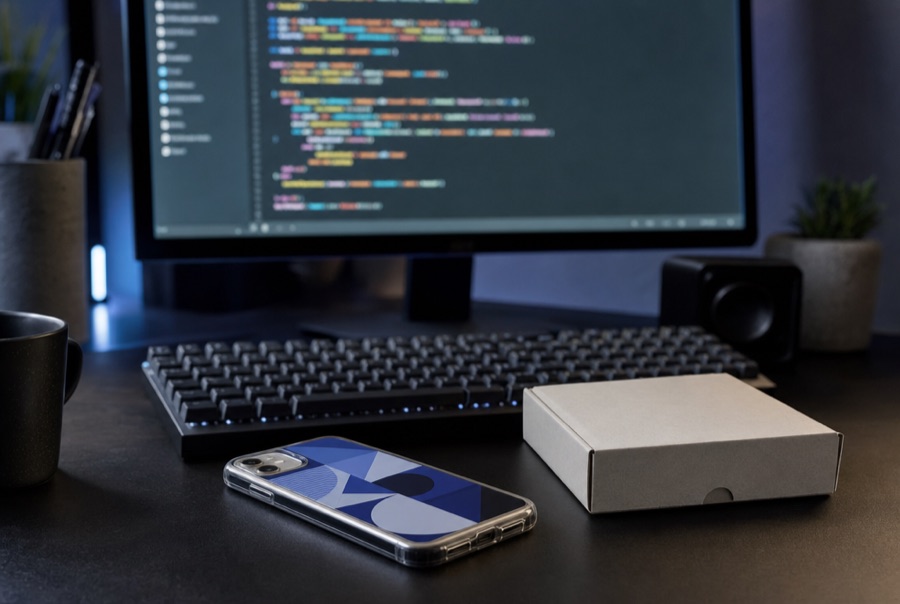 A printed case on a developer desk with a code editor behind
