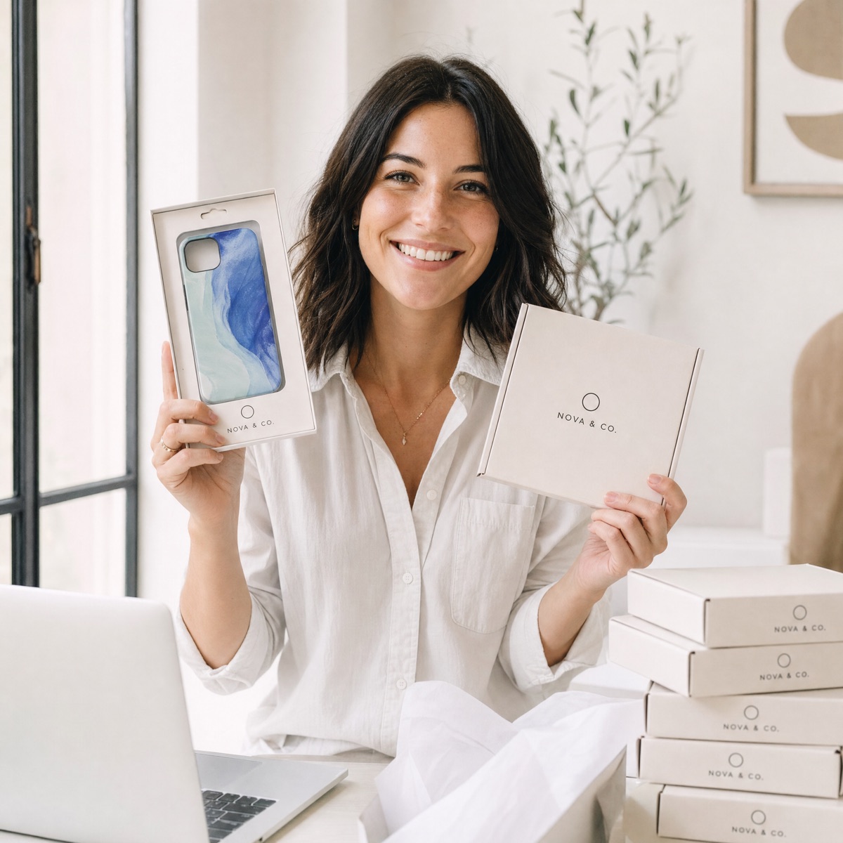 A seller holding a custom phone case and a shipping box printed with their own brand